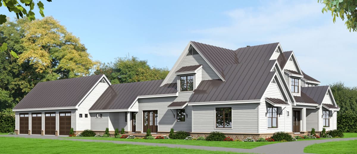 Modern Farmhouse house plan exterior, two stories, metal roof, gabled dormers, and a four-car garage.