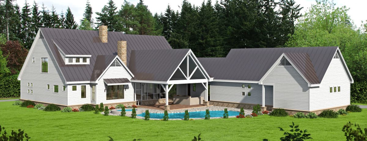 House plan exterior, Modern Farmhouse style, with gables, dormers, multiple rooflines, and covered outdoor living area.