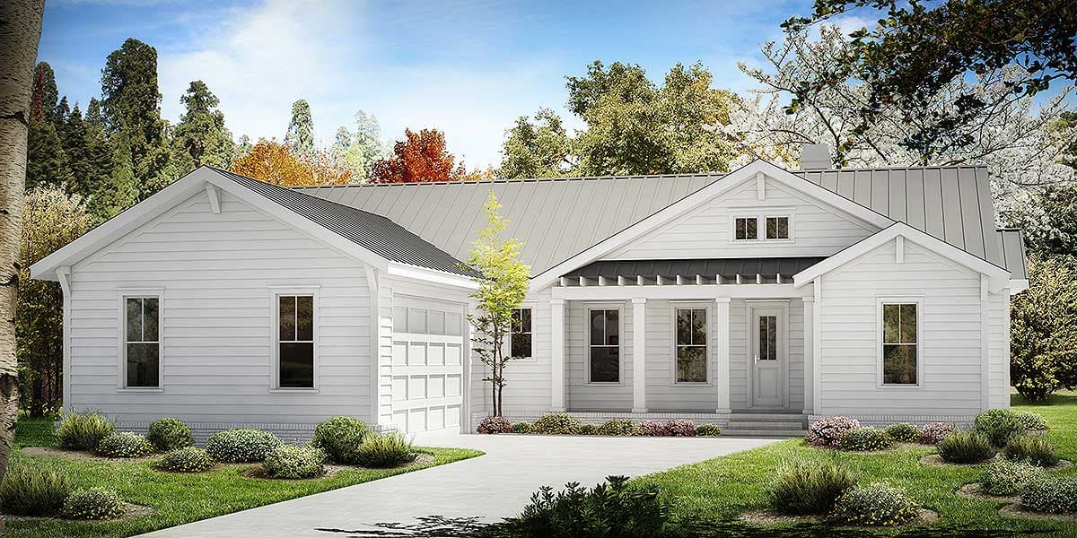 House plan exterior with Craftsman style. Features include a front porch with columns, a metal roof, and a side-entry garage. One story.
