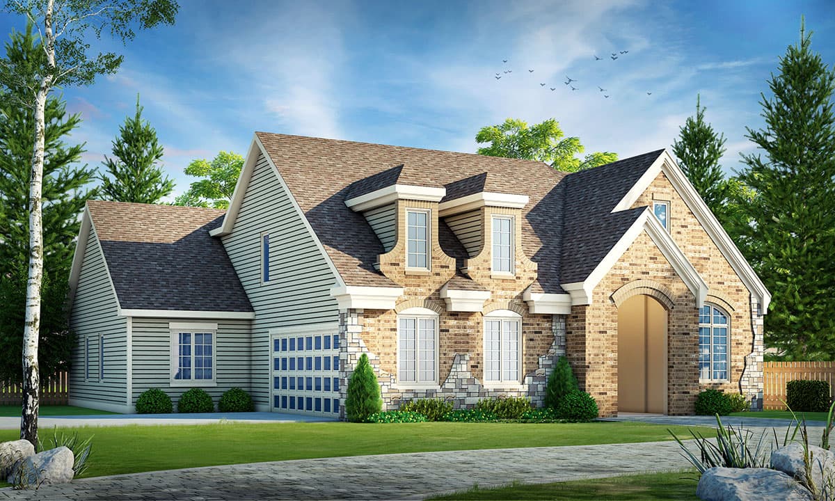 House plan exterior with brick and siding facade, multiple gables, and a two-car garage. Dormers and an arched entryway are visible.