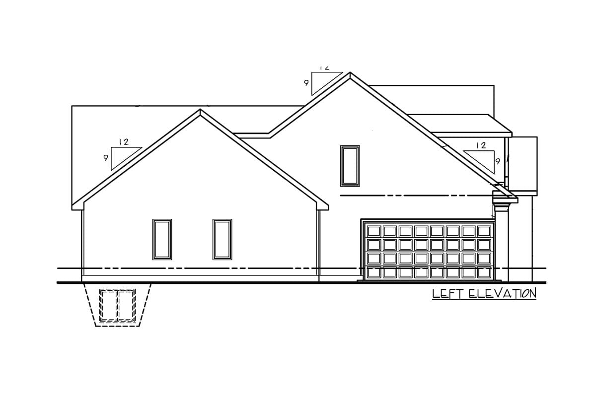 Left elevation house plan showing a two-story structure with a two-car garage, multiple gables, and varied roof pitches.