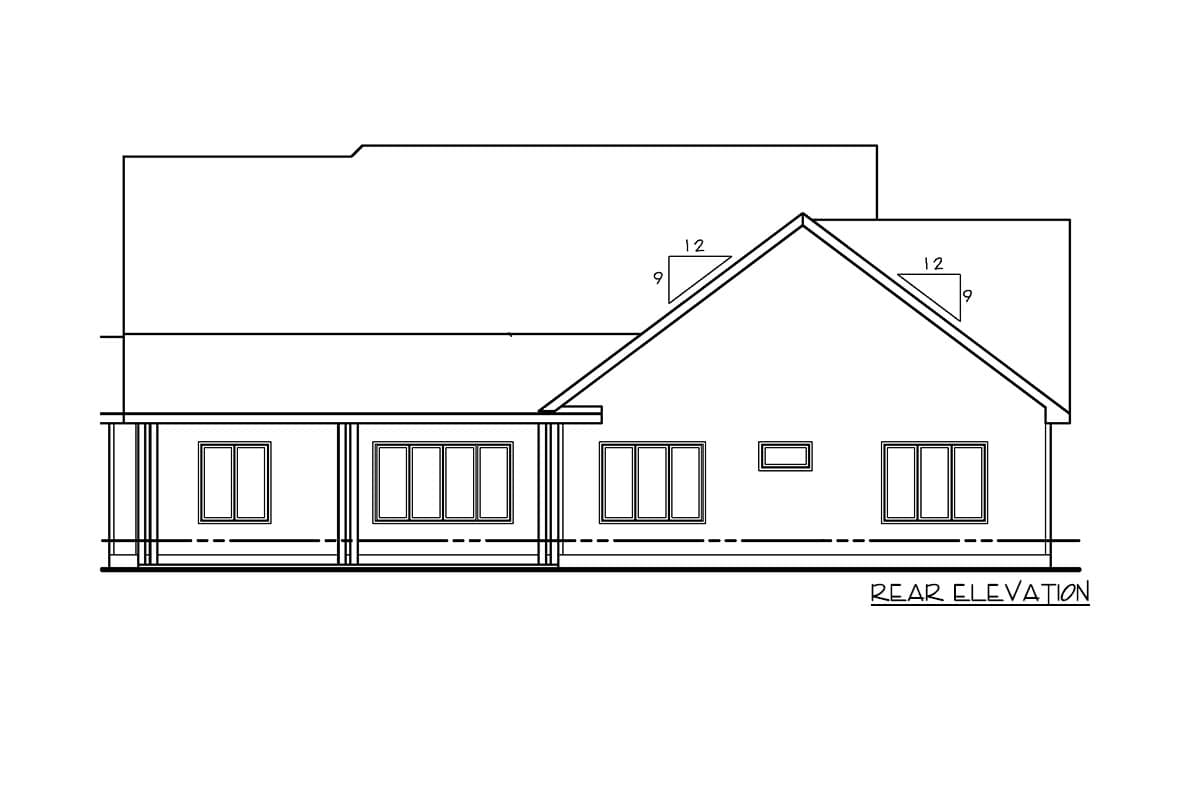 Rear elevation drawing of a single-story house plan with a covered porch and multiple windows.