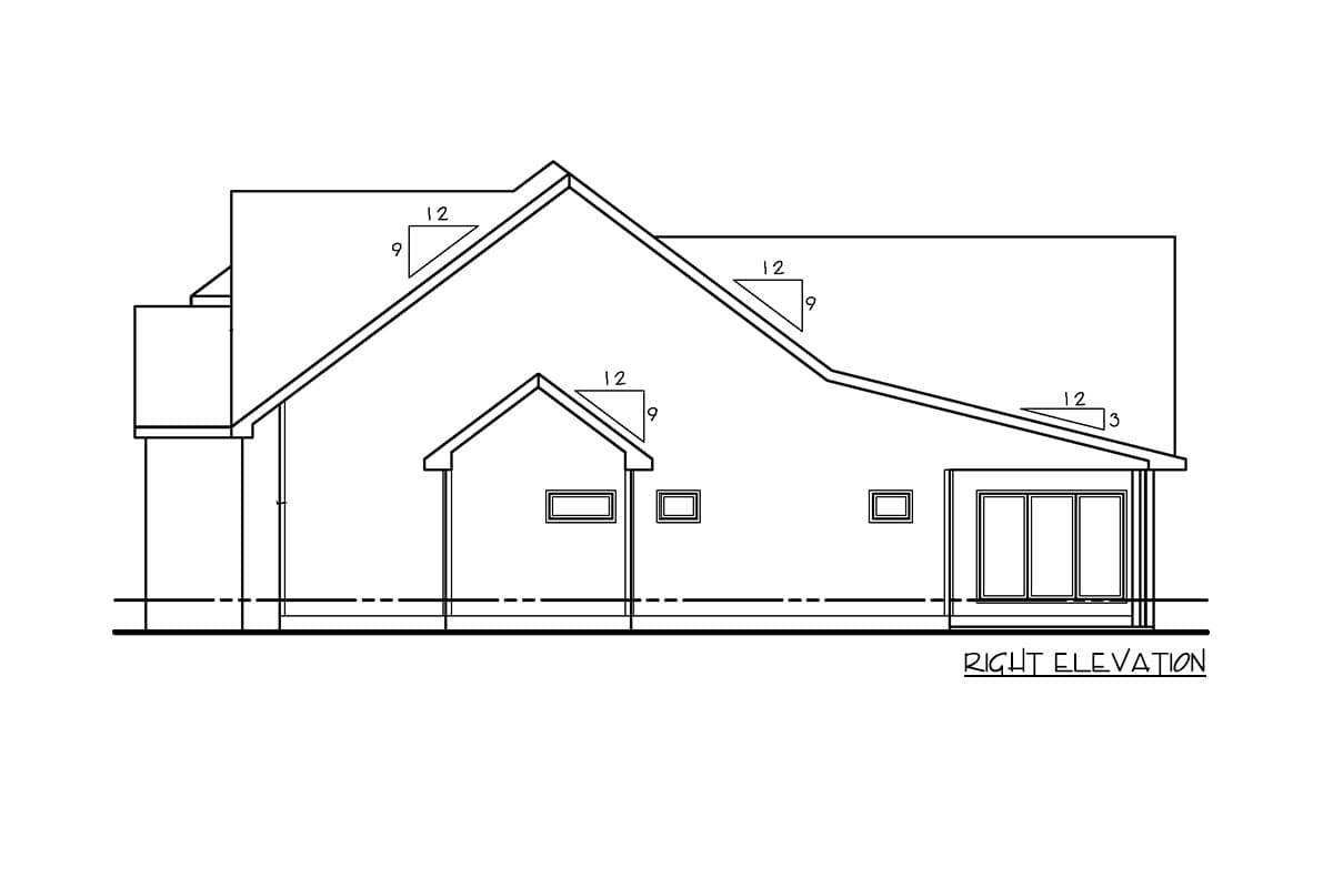 Right elevation house plan drawing shows varied roof pitches, a gabled projection, and a sliding glass door.