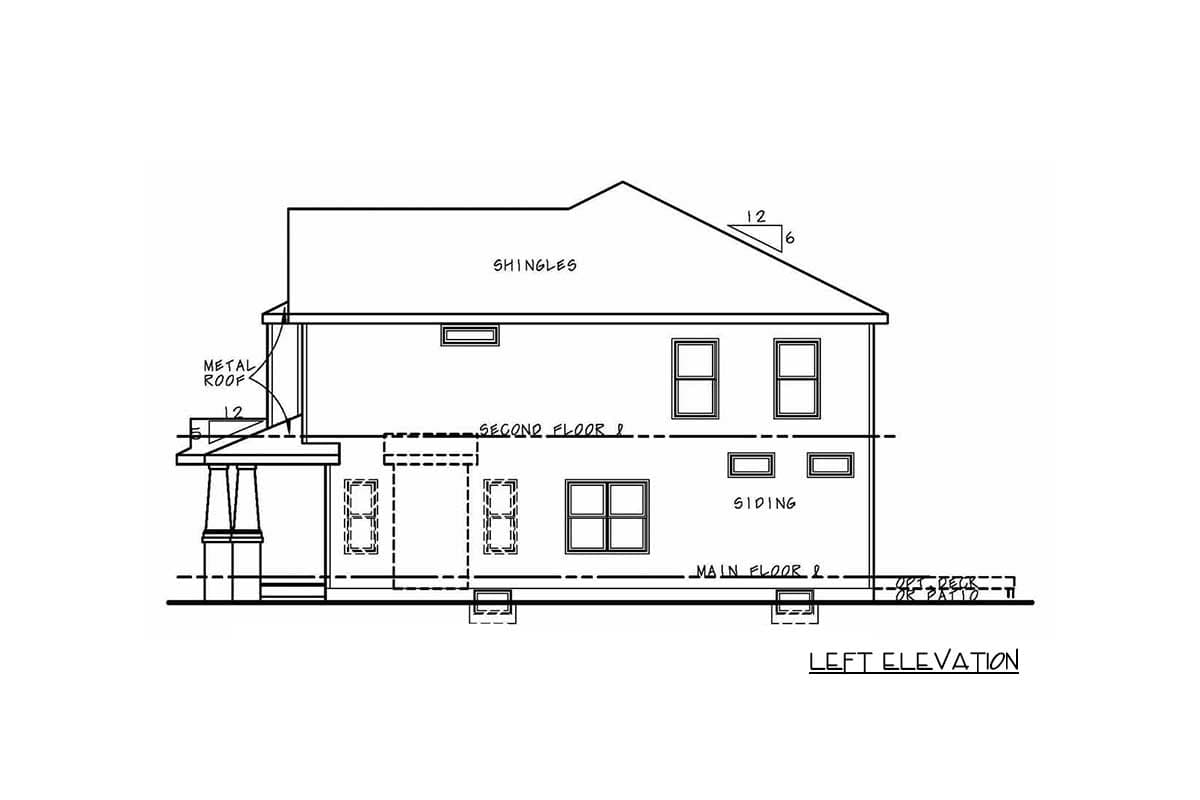 Left elevation drawing of a two-story house plan, showing siding, a shingled roof, and a metal roof over a porch.