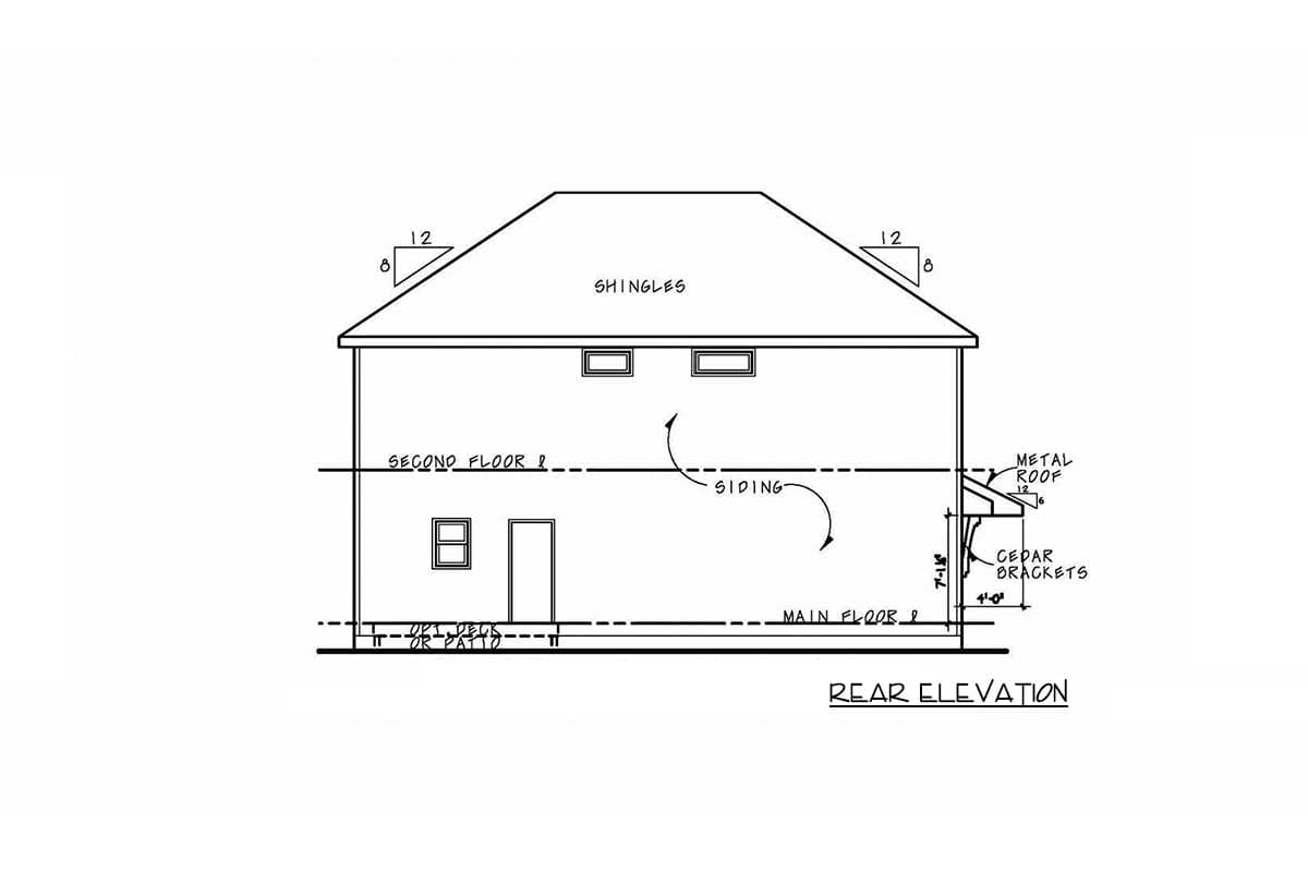 Rear elevation drawing of a two-story house with siding, a shingled roof, and a metal roof porch supported by cedar brackets.