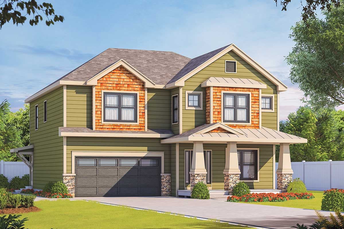 House plan exterior. Two-story Craftsman home with a front porch, gables, and shake siding accents. Includes an attached garage.