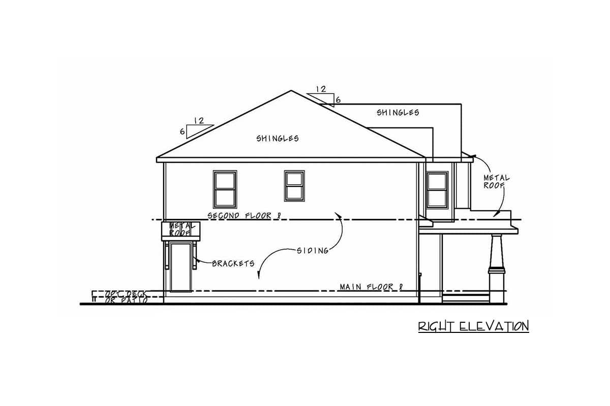Right elevation drawing of a two-story house plan with shingled gables, metal roof sections, siding, and a deck or patio.