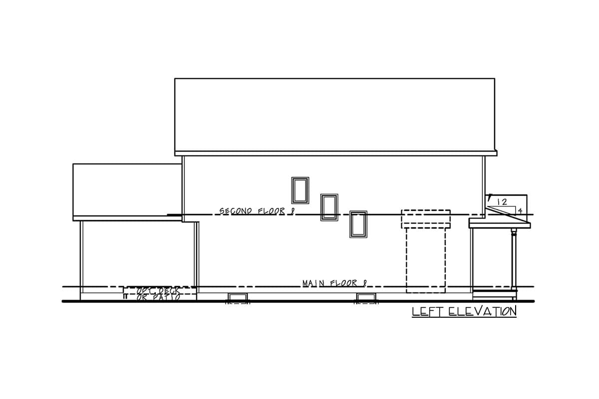 Architectural house plan, left elevation showing two stories, dormer windows, covered porch, and optional deck or patio.