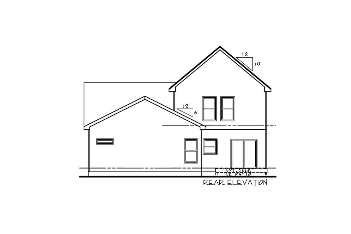 Rear elevation drawing of a two-story house plan showing gabled rooflines and multiple windows.