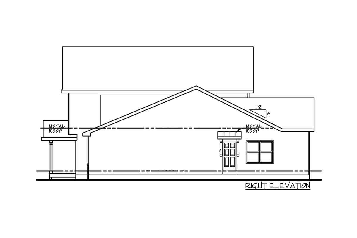 House plan right elevation showing a metal roof, entrance door with transom, and window.