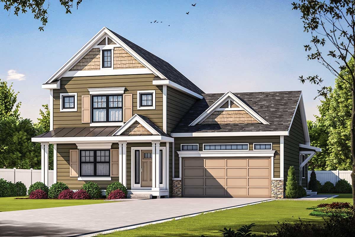 House plan exterior. Craftsman style, two stories. Features include a front porch, gables with shake siding, and an attached garage.