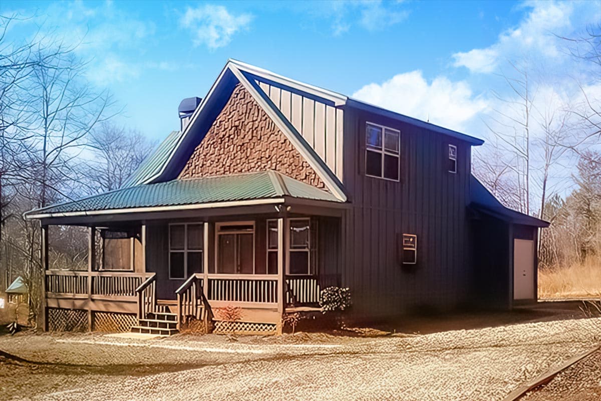 House plan exterior with two stories and a front porch. Features include a gabled roof, metal roof, and stone facade on the gable end.