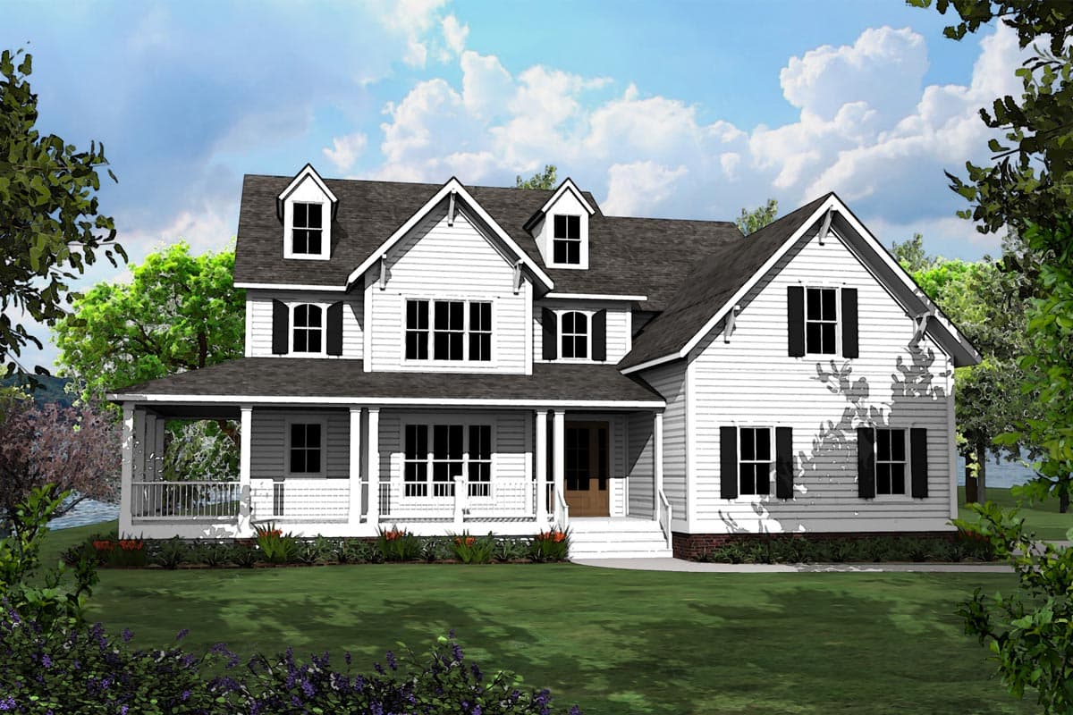House plan exterior: Two-story Colonial with a front porch, gabled roof, and dormers. Features include shutters and a prominent entryway.