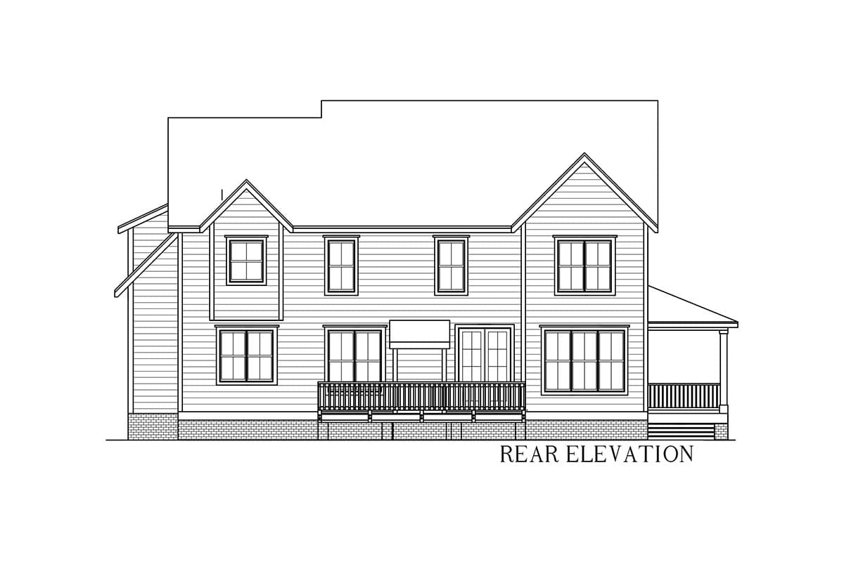 Rear elevation drawing of a two-story house with gables, multiple windows, a covered porch, and a deck.