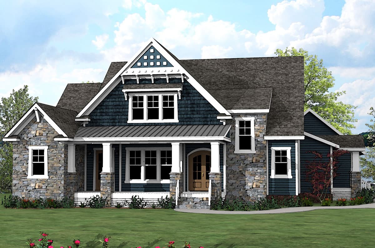 House plan exterior. Craftsman style, one-story home with front porch, stone accents, and multiple gables.
