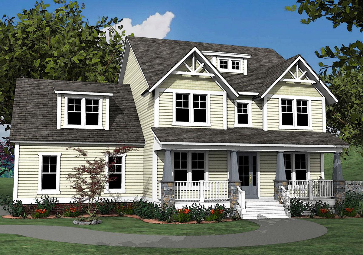 House plan exterior rendering. Two-story Craftsman style home with front porch, gables, dormers, and a prominent roofline.