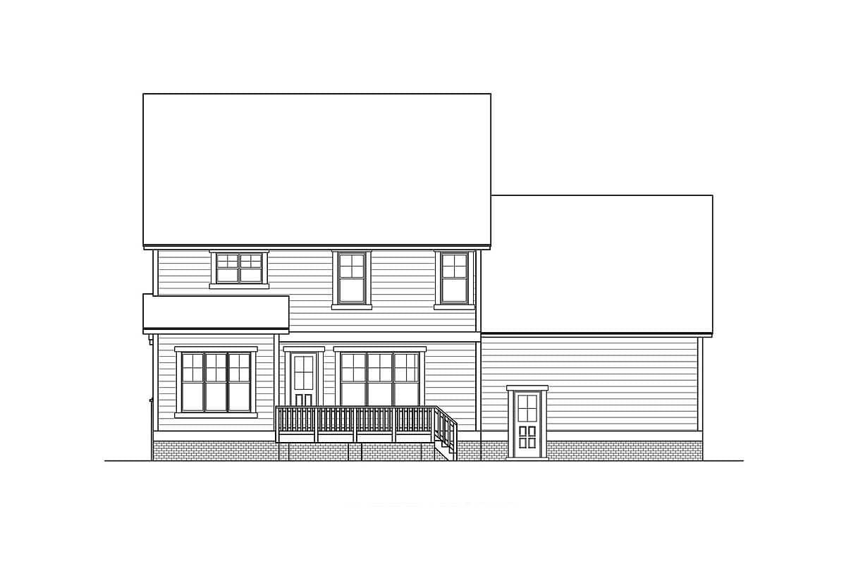 House plan rear elevation of a two-story home with a deck, multiple windows, and two doors.