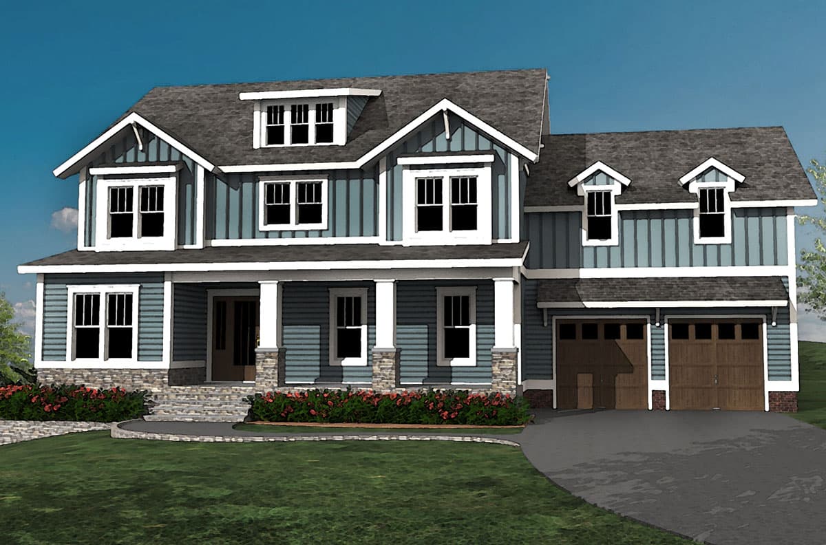 House plan exterior with covered porch, stone accents, gables, dormers, and a three-car garage.