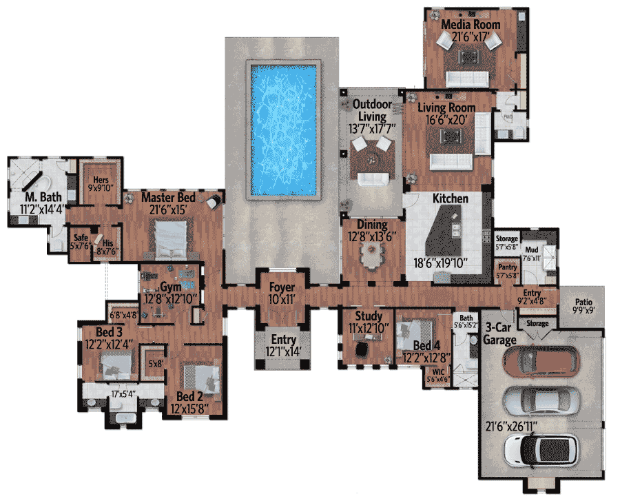 Plan 430000LY: Sprawling 4 Bed Hill Country House Plan with Separate Living Wings - Floor Plan - Main Level - European, Hill Country, Mediterranean