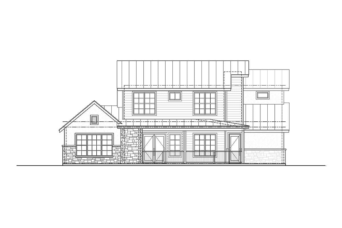 House plan exterior elevation shows a two-story home with a gabled section, stone base, double doors, and metal roof.