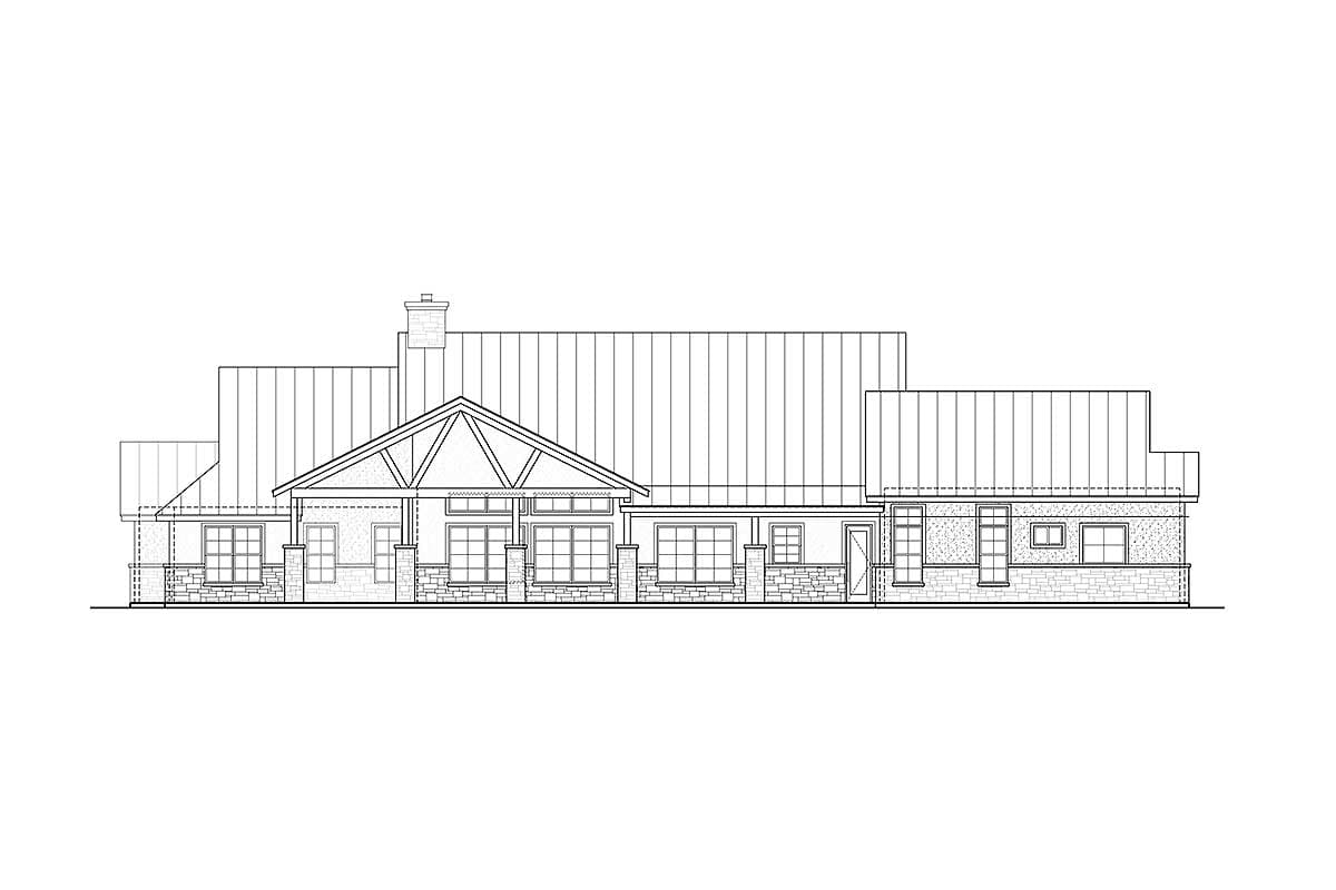 House plan exterior elevation of a single-story home with metal roof, stone base, gabled entrance, and multiple windows.