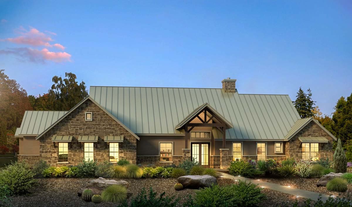 House plan exterior: stone accents, gabled roof, metal roof, covered entry with wood beams, chimney, multiple windows.