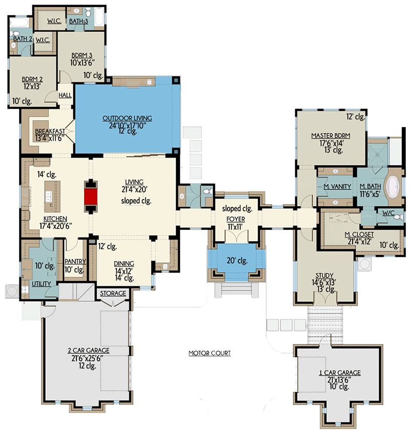 Plan 430003LY: 3 Bed Hill Country House Plan with Two Living Wings  - Floor Plan - Main Level - European, Hill Country, Mediterranean