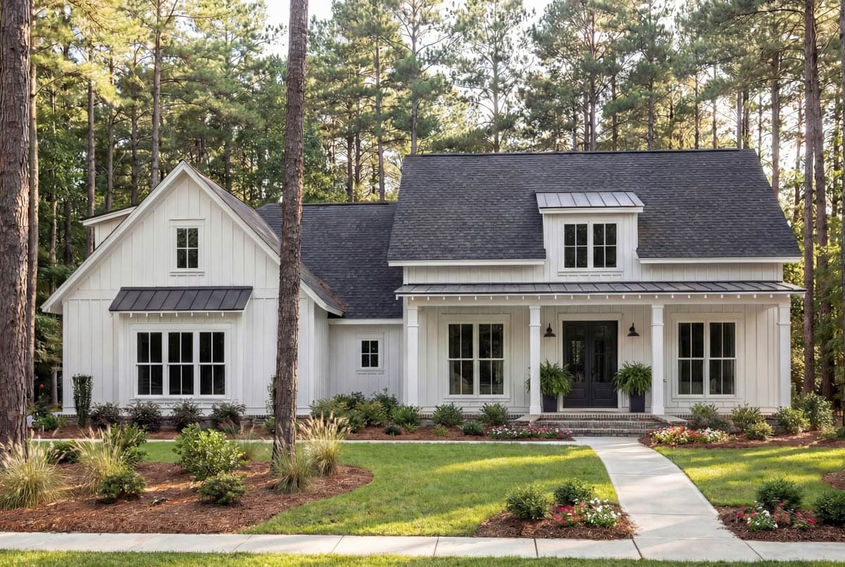 Modern Farmhouse style house plan exterior featuring white board-and-batten siding, a covered front porch with columns, and dormer windows.