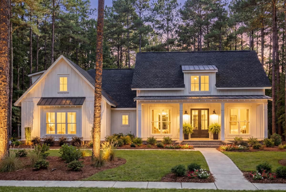 Modern Farmhouse house plan exterior with board and batten siding, gabled dormer, and covered porch with double entry doors.