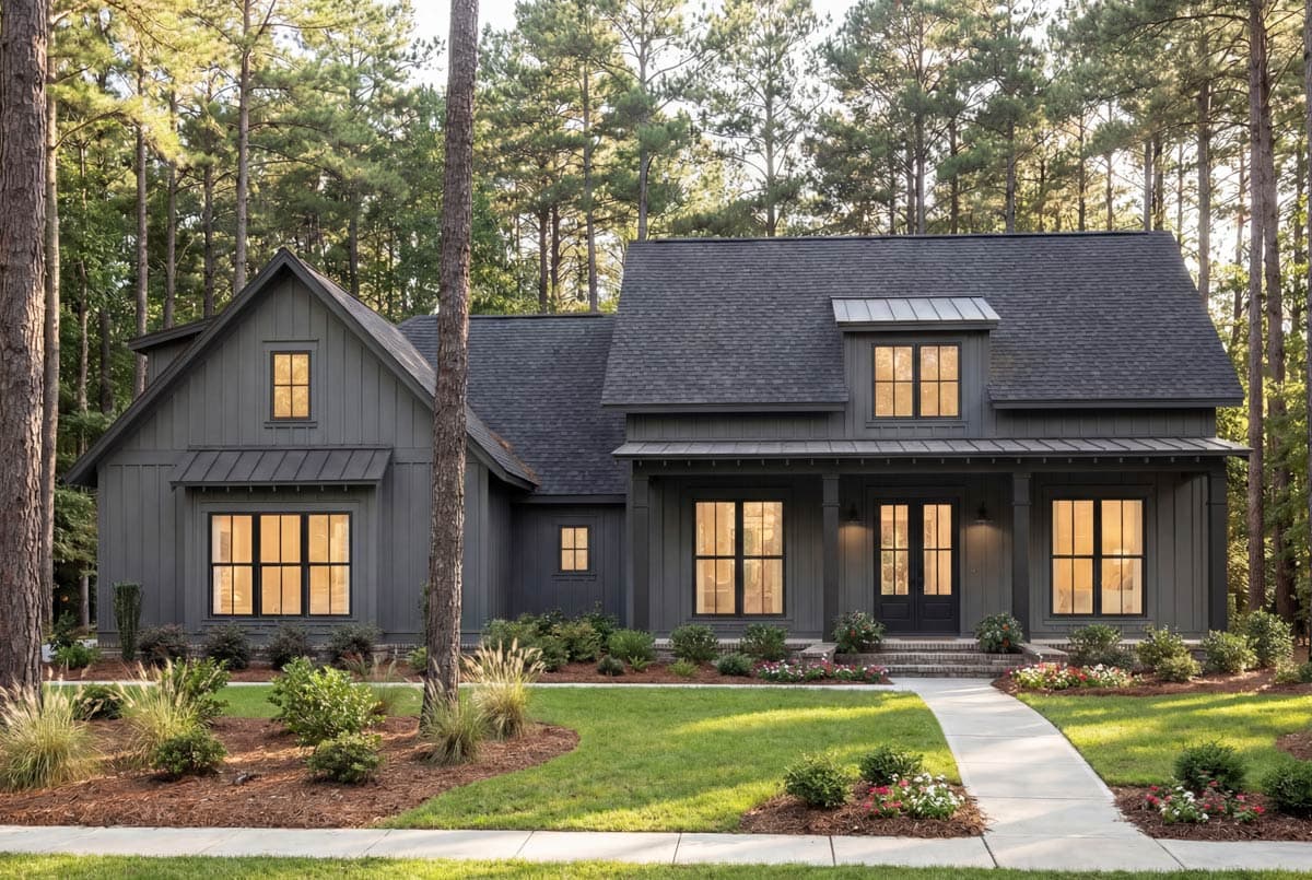 House plan exterior. Two-story Modern Farmhouse with a gabled roof, covered porch, and board-and-batten siding. Features include multiple dormers.