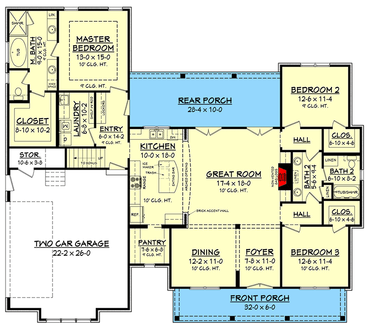 Plan 51762HZ: Budget Friendly Modern Farmhouse Plan with Bonus Room - Floor Plan - Main Level - Country, Farmhouse, Modern Farmhouse, New American, Traditional