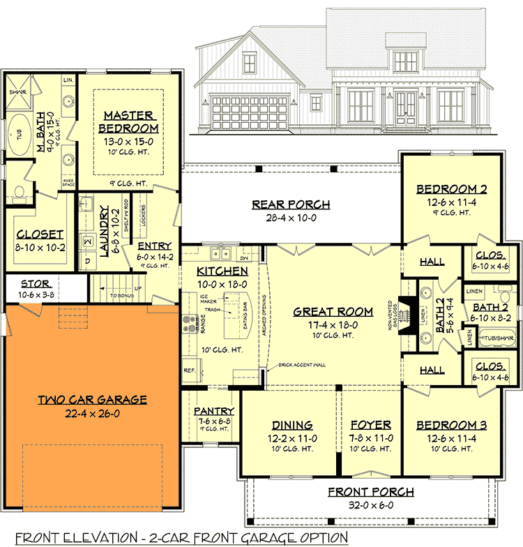 Plan 51762HZ: Budget Friendly Modern Farmhouse Plan with Bonus Room - Floor Plan - 2-Car Front Garage Option - Country, Farmhouse, Modern Farmhouse, New American, Traditional
