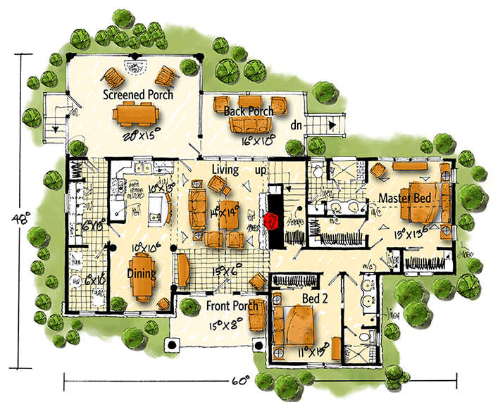 Plan 12955KN: Rugged Mountain House Plan with Huge Screened Porch - Floor Plan - Main Level - Craftsman, Mountain, Northwest, Rustic, Vacation