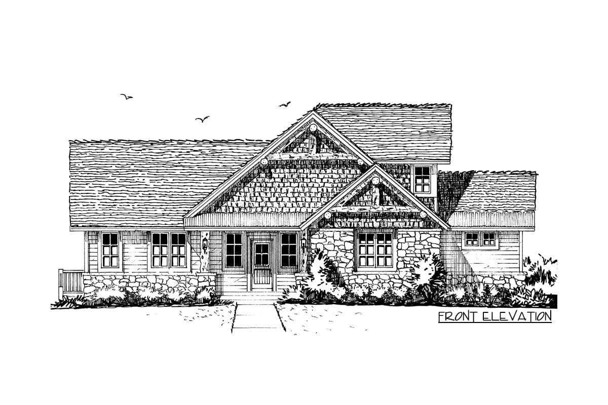 Craftsman style house plan exterior with stone and shingle accents, prominent gables, and a covered front porch.