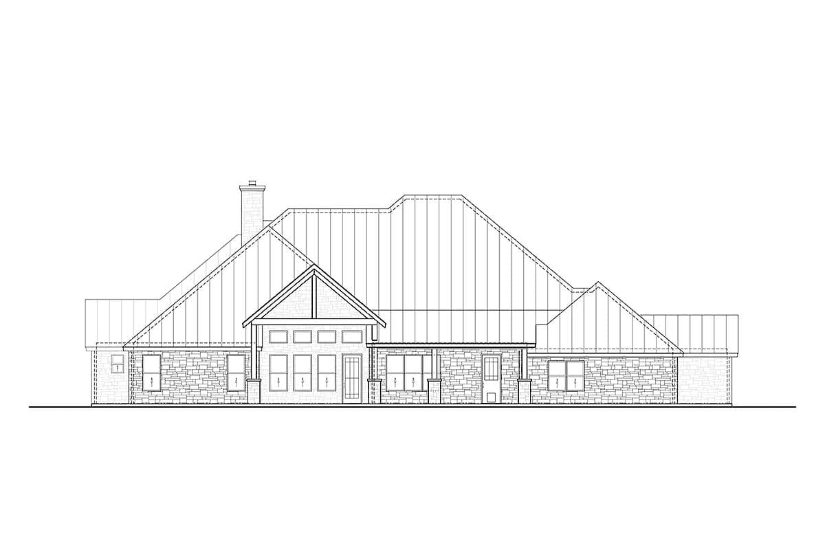 House plan exterior elevation featuring stone facade, prominent gables, metal rooflines, and covered porch.