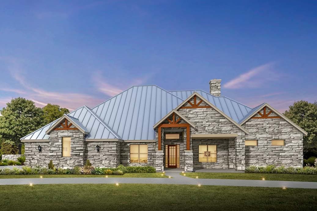 House plan exterior with stone veneer, metal roof, gabled rooflines, and exposed timber detailing. Features a covered porch and chimney.