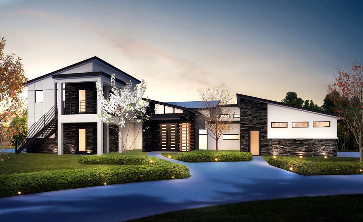 House plan exterior. Modern style, two-story home with a flat roof and exterior staircase. Features include stacked stone and clerestory windows.