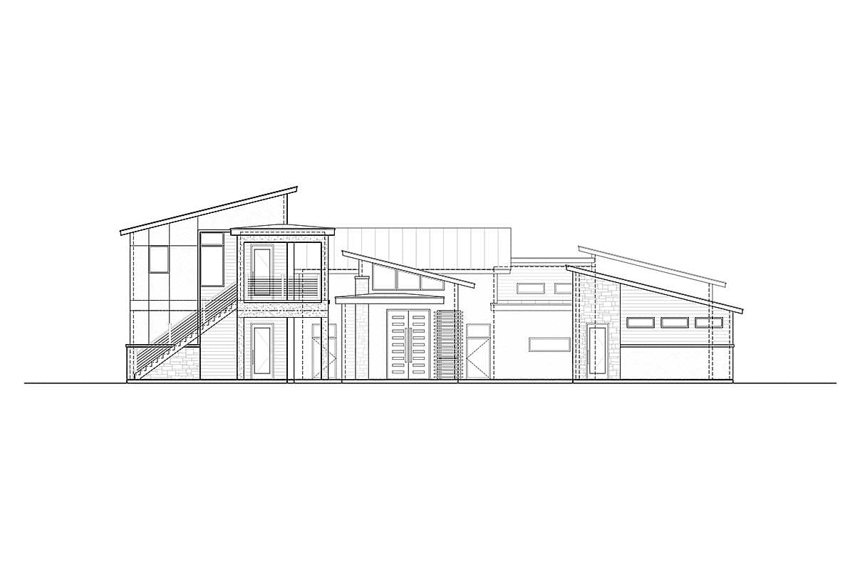 Modern house plan exterior with varied rooflines, multiple window configurations, an upper-level balcony, and an external staircase.