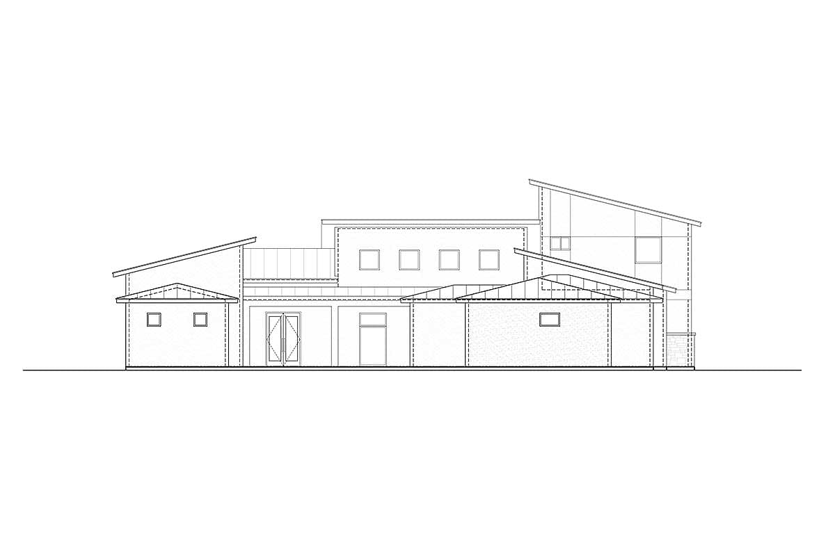 House plan exterior elevation with asymmetrical rooflines, multiple gables, and a two-story section.