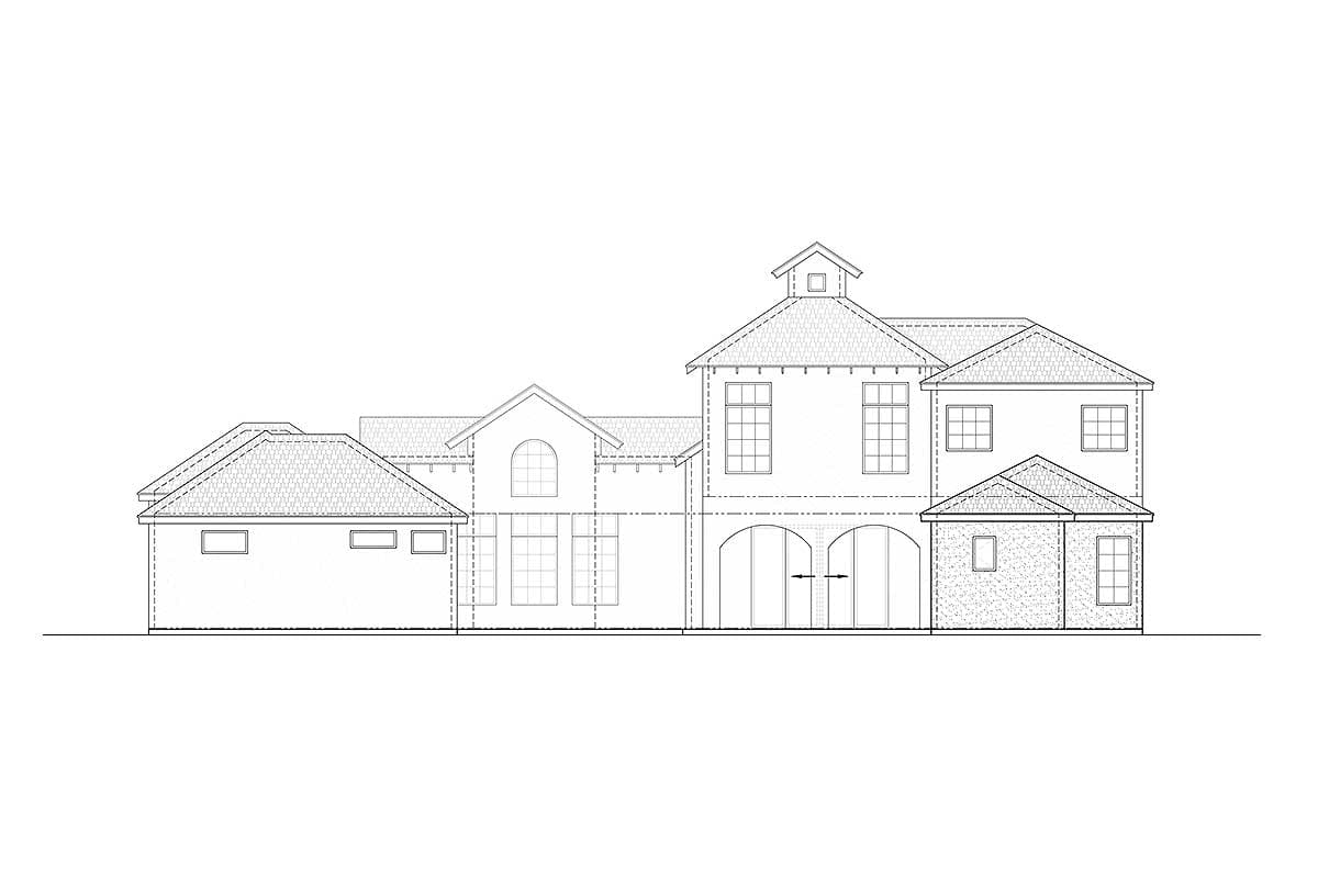 House plan elevation drawing shows a two-story home with arched entry, multiple gables, and various window styles.