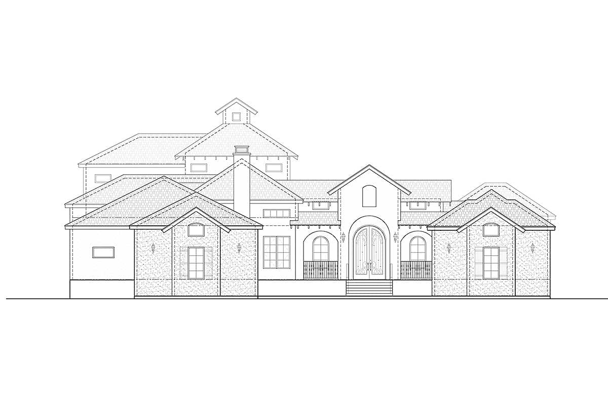 House plan exterior drawing showing a multi-story home with arched entry, gables, dormers, and varied rooflines.