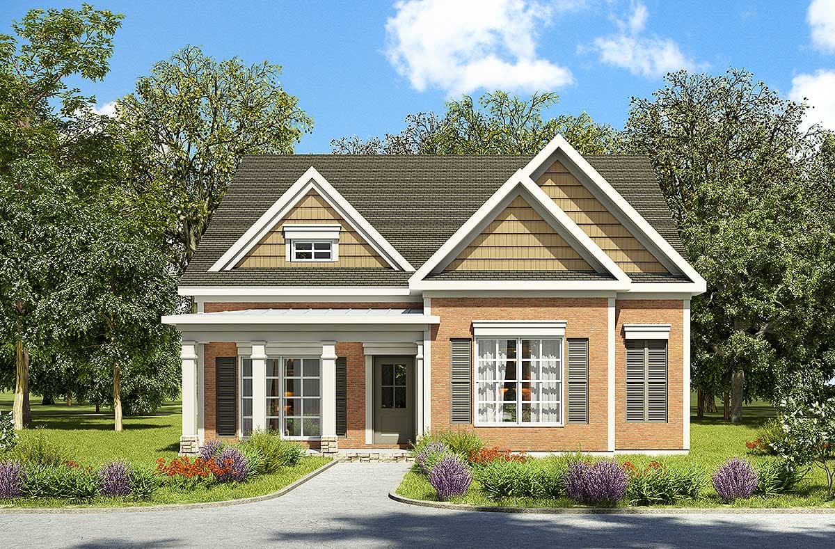 House plan exterior with Craftsman style. Features include a front porch, two gabled dormers, and brick facade. Single story design.