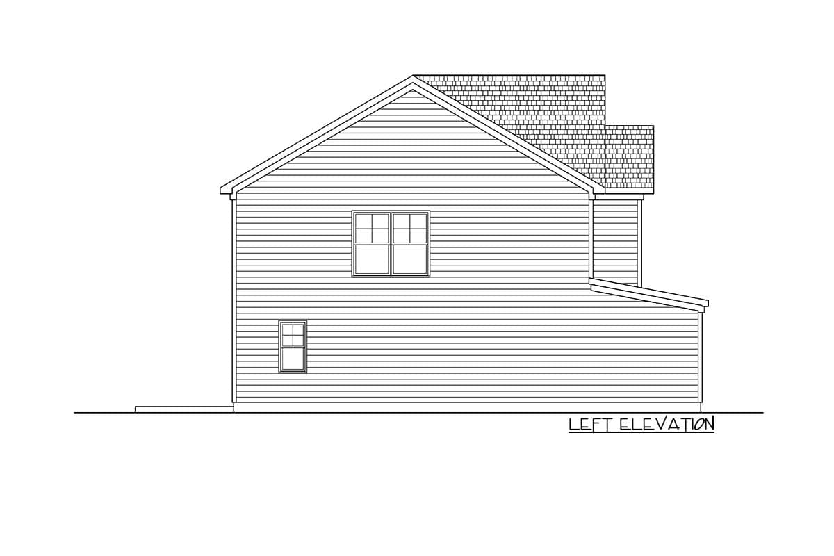 Left elevation drawing of a two-story house with horizontal siding, a gable roof, and two windows.