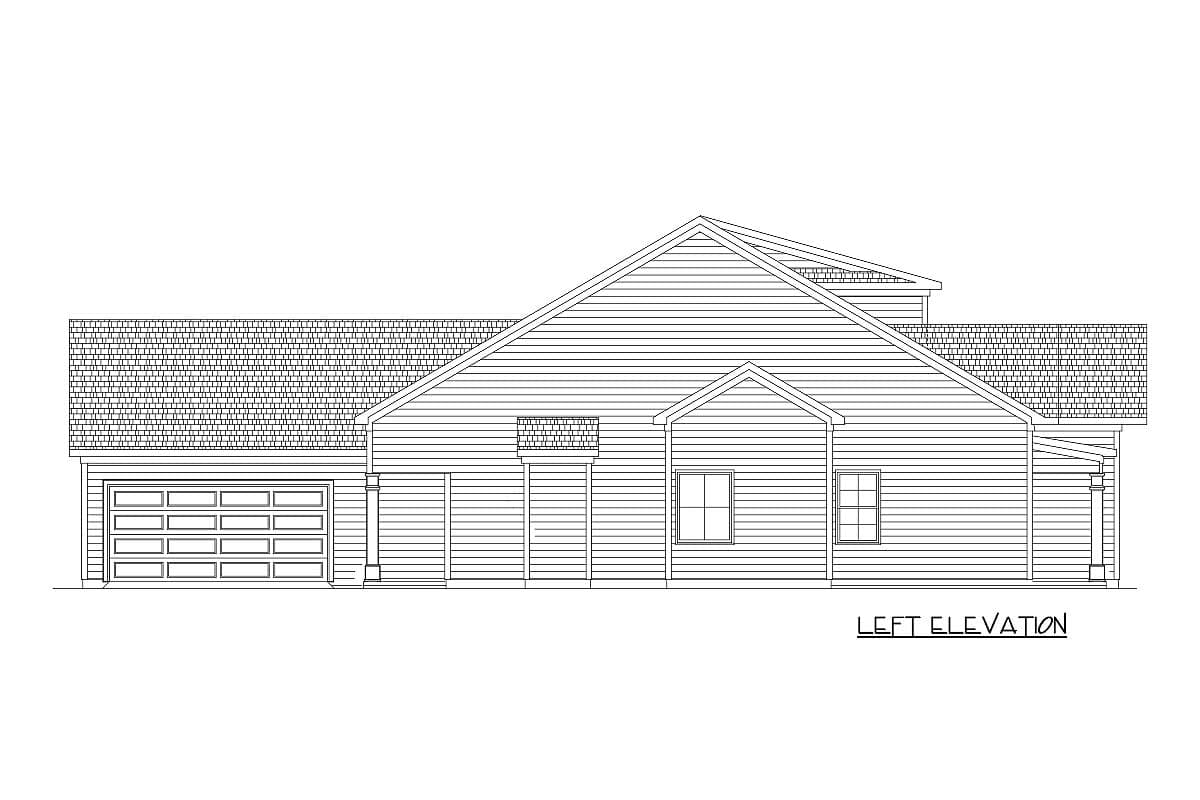 Left elevation drawing of a one-story house with attached garage, gabled dormer, and prominent rooflines.