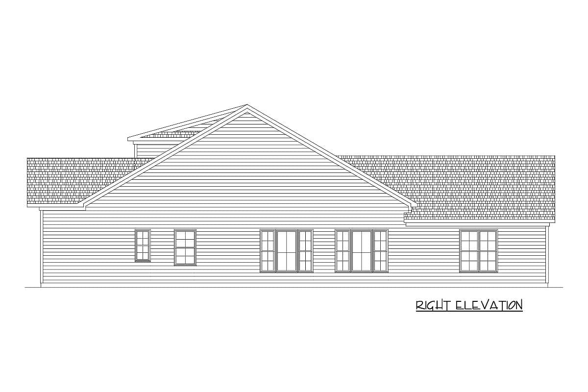 Right elevation drawing of a house plan with horizontal siding and multiple windows.