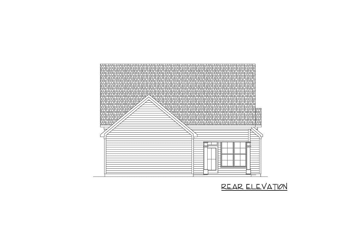 Rear elevation drawing of a one-story house with a gable roof, horizontal siding, and a covered porch with columns.