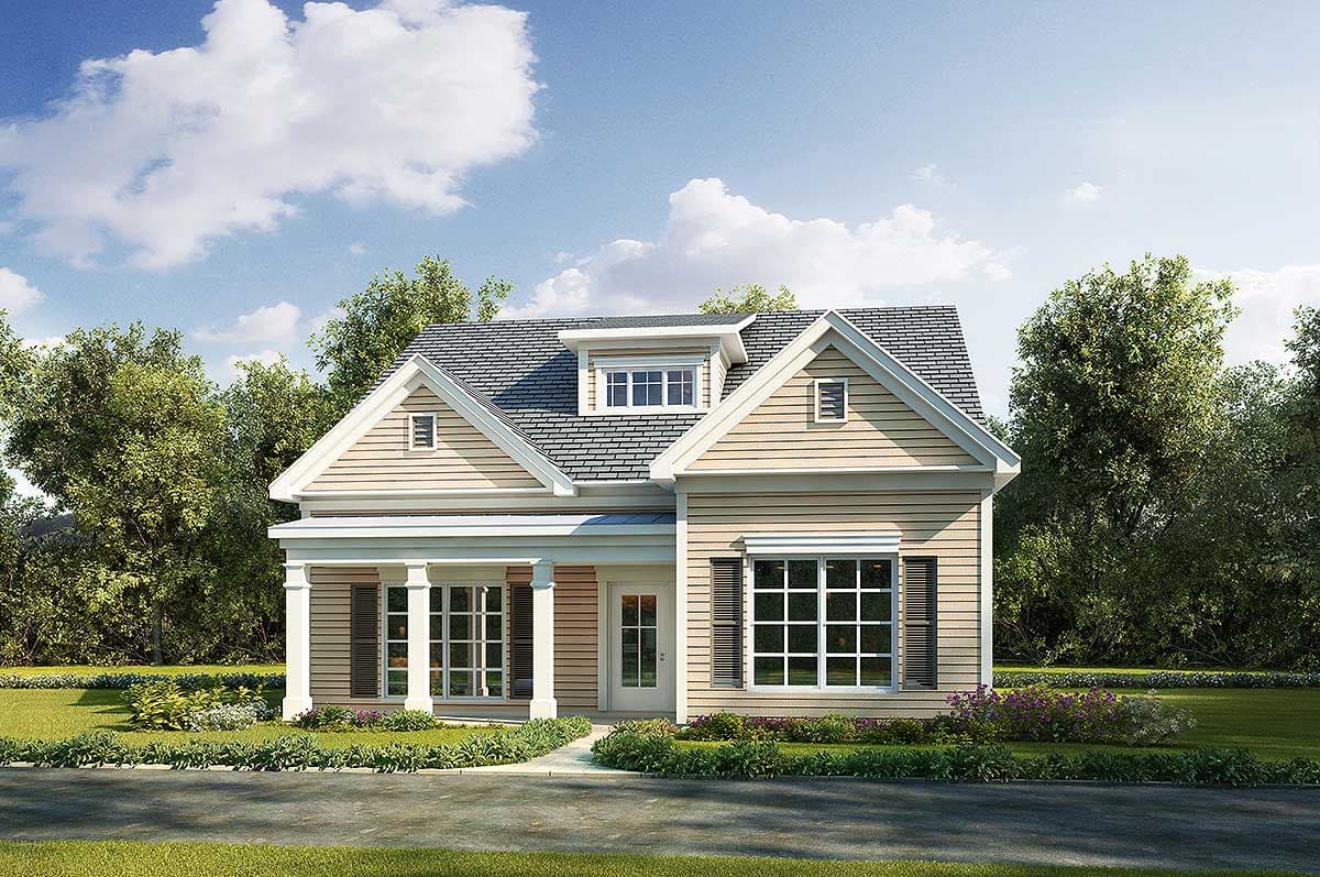 House plan exterior. Craftsman style with a single story, dormers, a front porch with columns, and a gabled roof.