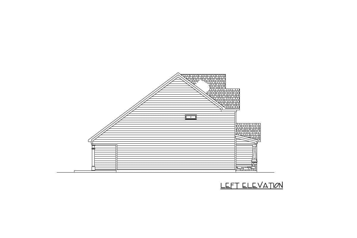 Left elevation drawing of a house plan showing siding, gabled rooflines, dormers, and a garage.