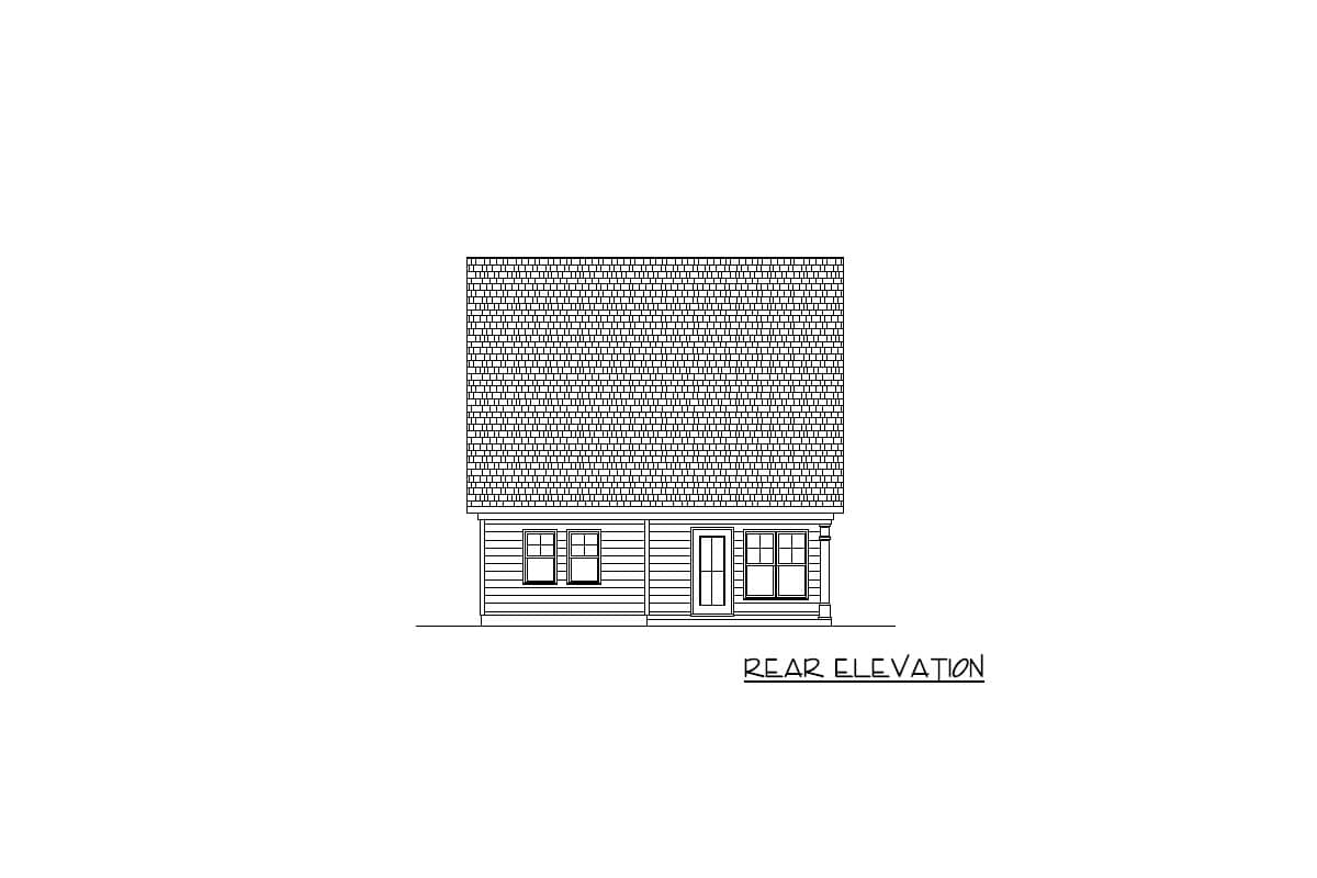 Rear elevation drawing of a house with a gabled roof, two windows, and a door.