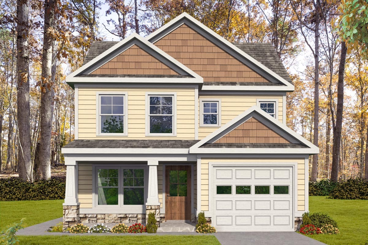 Two-story house plan exterior with front-facing garage, covered front porch with stone accents, and dormer gables.